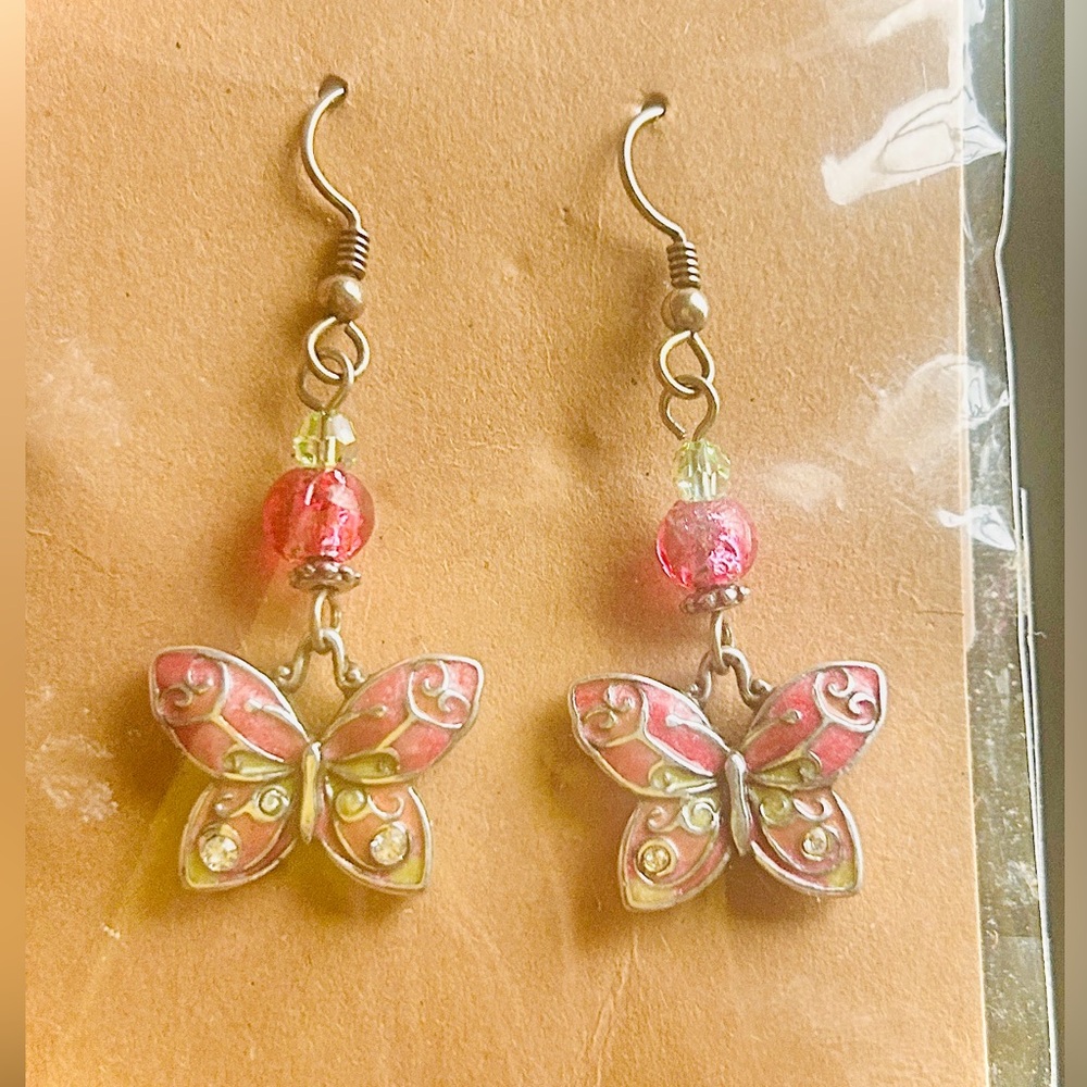 BUTTERFLY DANGLE EARRINGS, Pretty Pink, Sealed, NWT